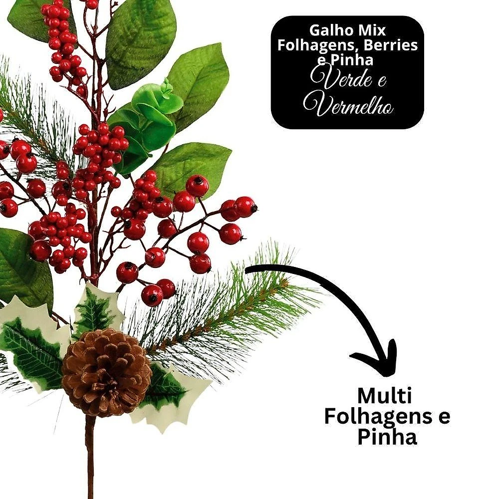 Galho Mix Folhagem Natal Premium Pinha E Berries 70cm - Magizi