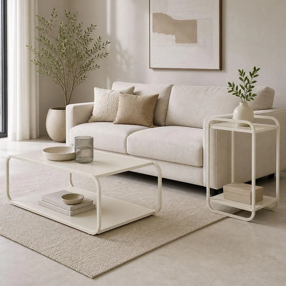Kit Mesa de Centro e Mesa Lateral Alek A03 Orgânico MDF Metal 80CM Off White