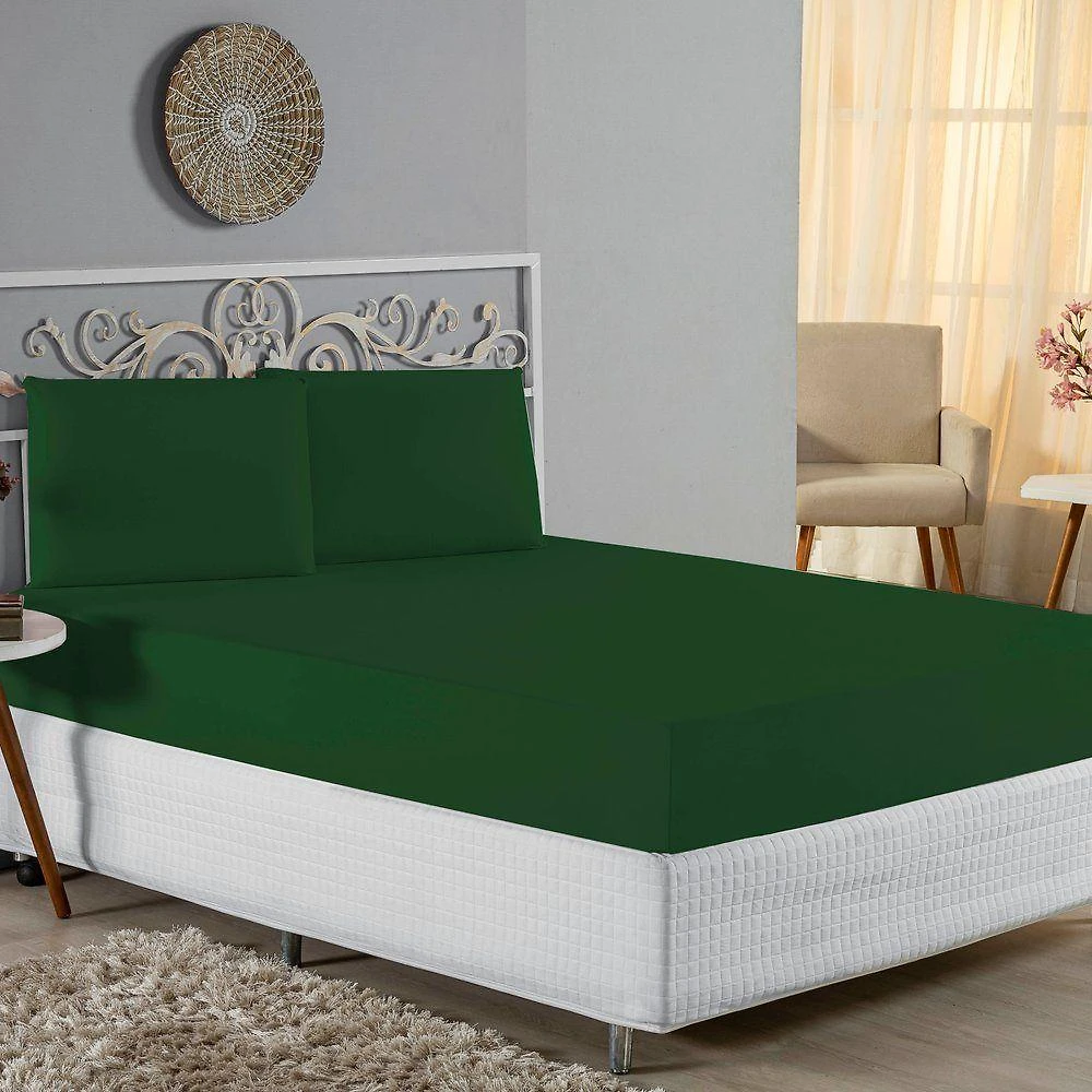 Jogo De Cama King Nobre 3 Peças Lençol Com Elástico De 30cm De Altura Malha 100% Algodão - Verde-bandeira