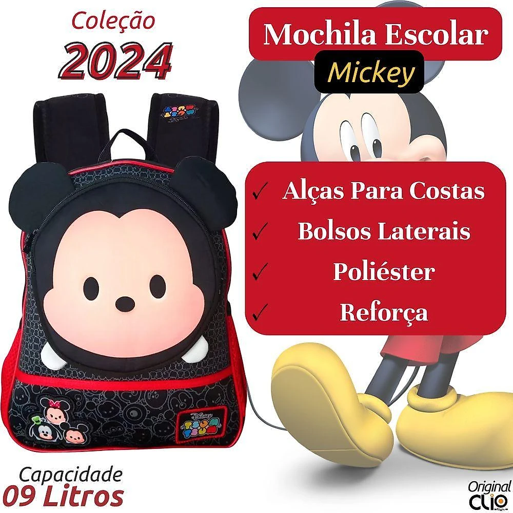 Mochila Escolar Infantil Costas Mickey Orelhinhas 3d Resistente Diversos Compartimentos Alças Acolchoadas Qualidade