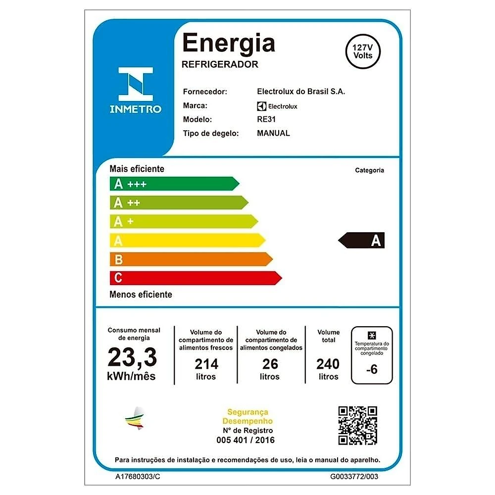 Geladeira / Refrigerador Electrolux Cycle Defrost RE31, 240 litros, Branca - 220 Volts