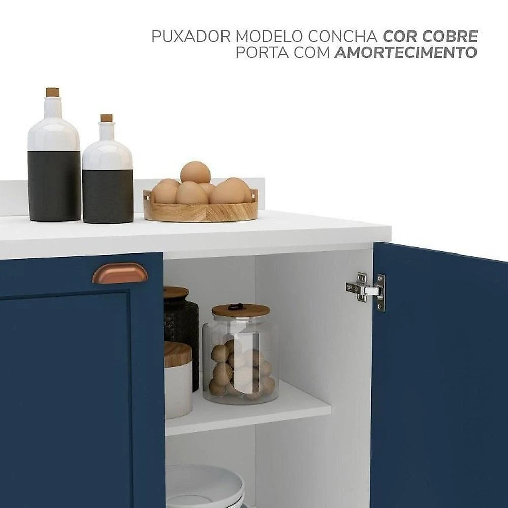 Cozinha 2 Peças Balcão e Aéreo 80 cm Pérola Yescasa Azul