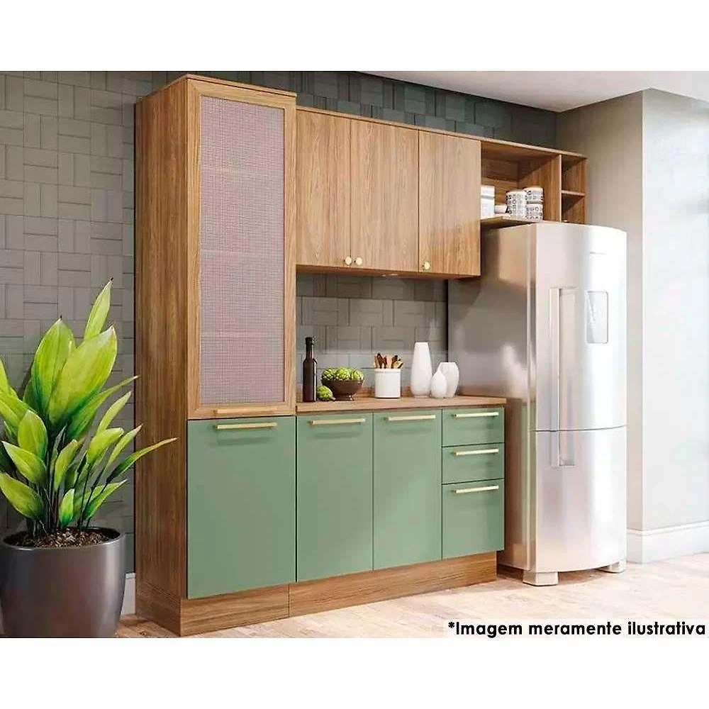 Cozinha Completa Botanic 5 Peças (2 Armários + 1 Balcão + 1 Paneleiro + 1 Complemento) M654 Nogueira-verde Oliva - Kappesberg