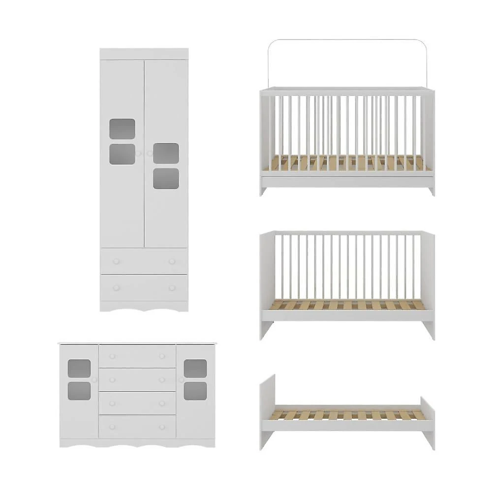 Quarto De Bebê Completo Com Berço 3 Em 1 Para Colchão 130x60cm Serena Multimóveis MP4531 Branco