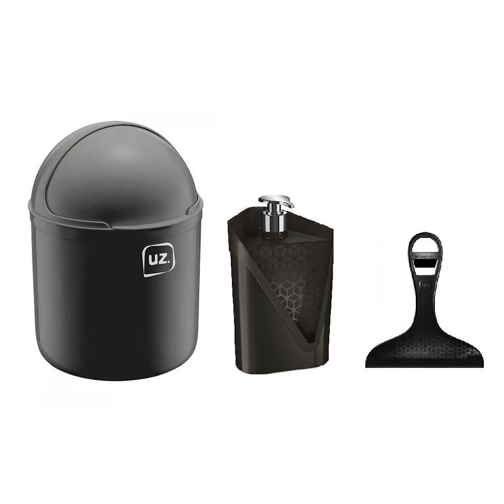 Kit Pia 3 Peças Lixeira Porta Detergente Rodinho Plástico Preto UZ