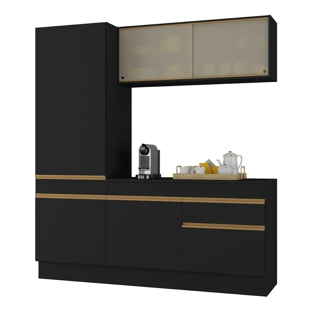 Armário De Cozinha Compacta 3 Peças Com Rodapé Mp2179 Made Multimóveis Preto/dourado Preto/dourado