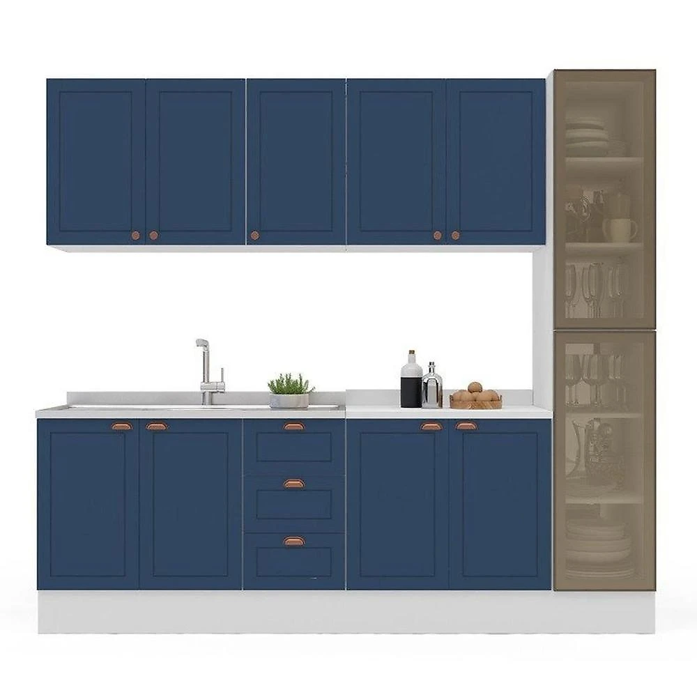 Cozinha Pérola com Rodapé 7 Peças com Cristaleira Yescasa  Azul