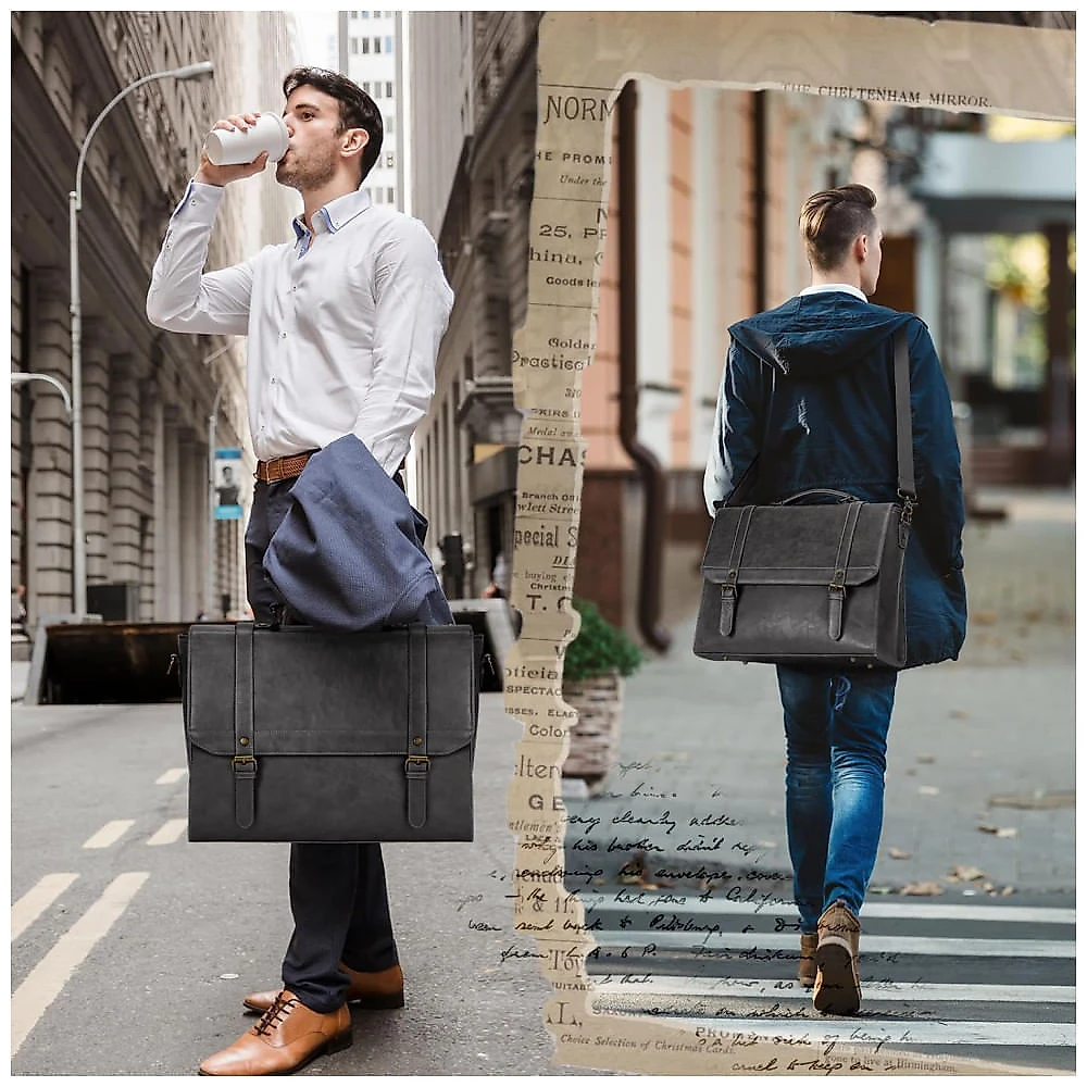 Bolsa Carteiro Masculina de Couro Sintético para Laptop com 15,6 Polegadas, IGOLUMON, Cinza 110v