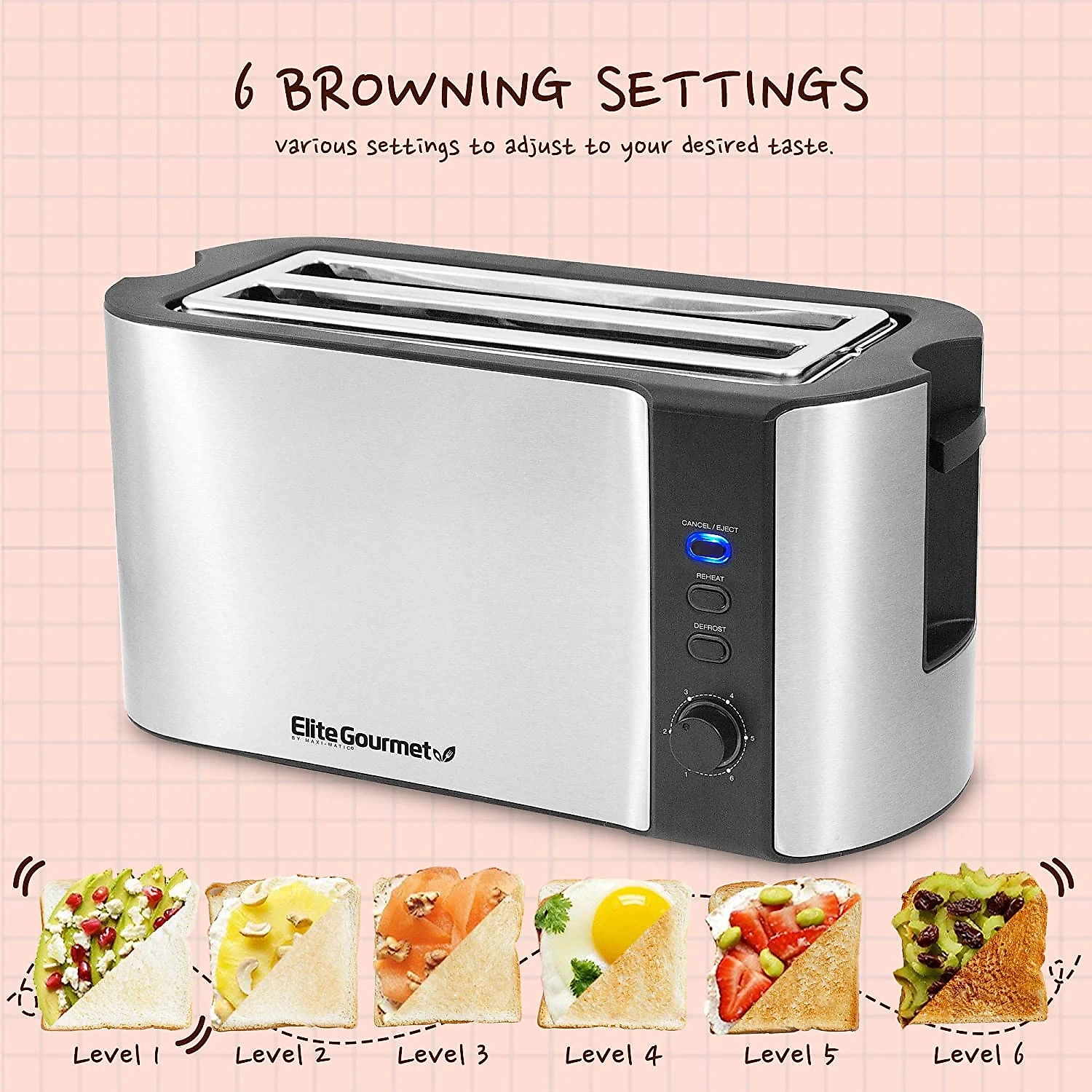 Elite Gourmet ECT3100 Torradeira de 4 Fatias com 6 Níveis de Tostagem 1300W110V Prata