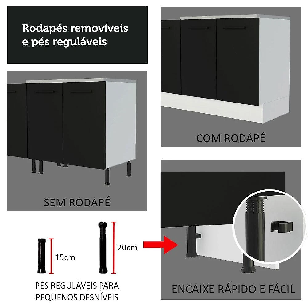 Cozinha Completa Madesa Agata 270004 com Armário e Balcão (Sem Tampo e Pia) - Branco/Preto Branco/Preto