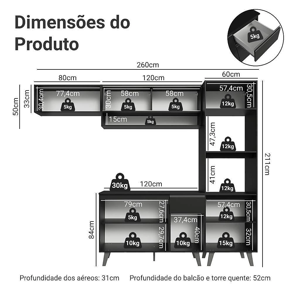 Cozinha Completa Nice GRNC2600038N 8 Portas 1 Gaveta MDP 260CM Preto Madesa