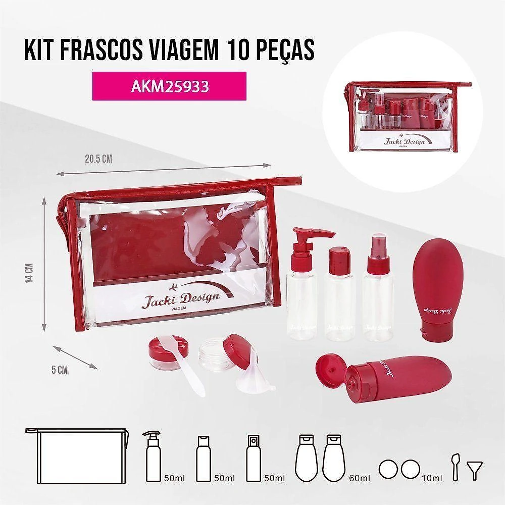 Kit Necessaire Transparente Com Frascos – Ideal Para Viagens E Bagagem De Mão - Rosa