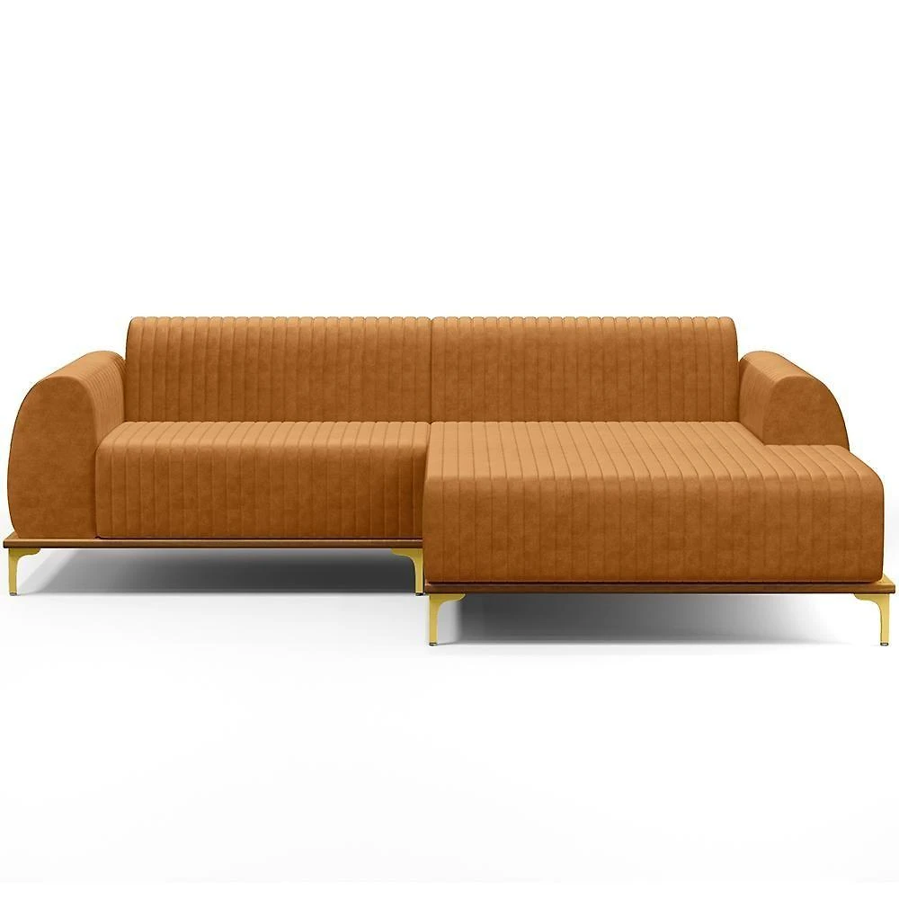Miniatura Sofá 5 Lugares Chaise Direito Sala Molino 300cm D02 Pés D\'ouro Couríssimo Whisky B-90