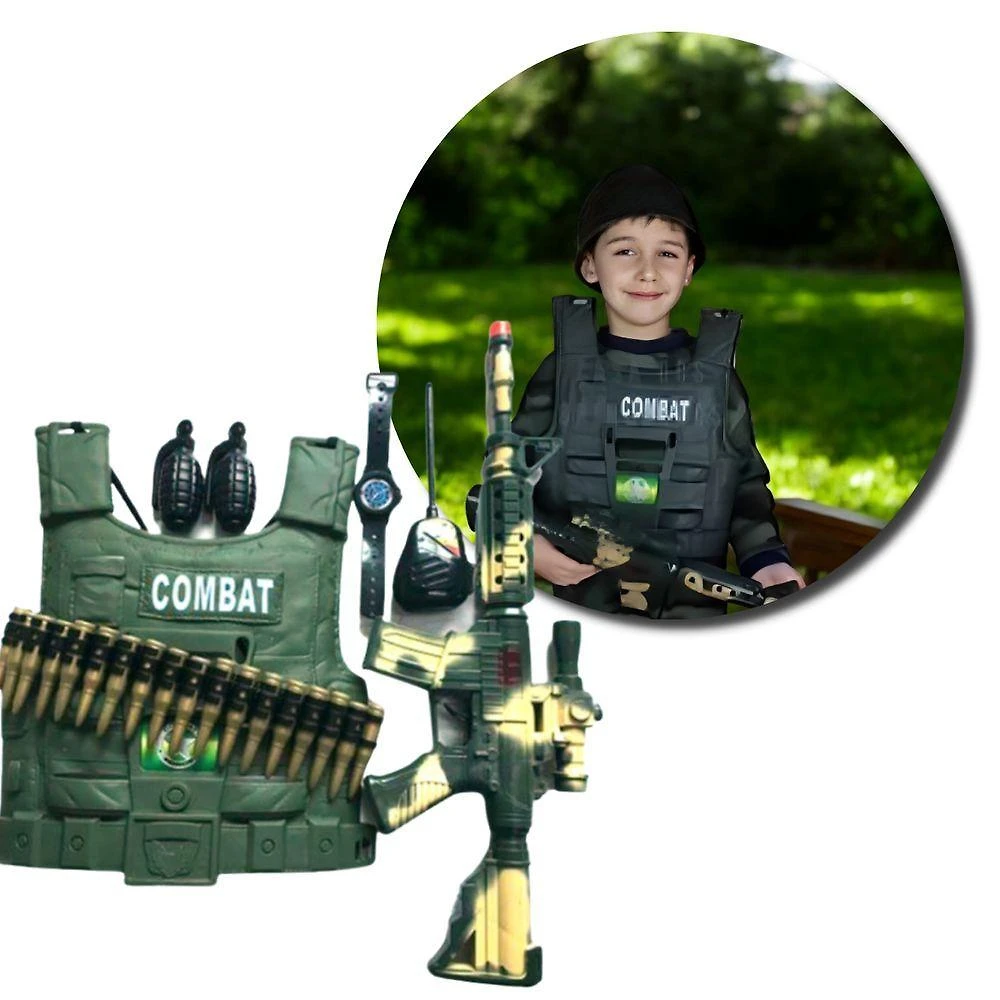 Brinquedo Kit Policial Colete com Rifle e Acessórios Verde Militar com Bússola e Granadas Utimix