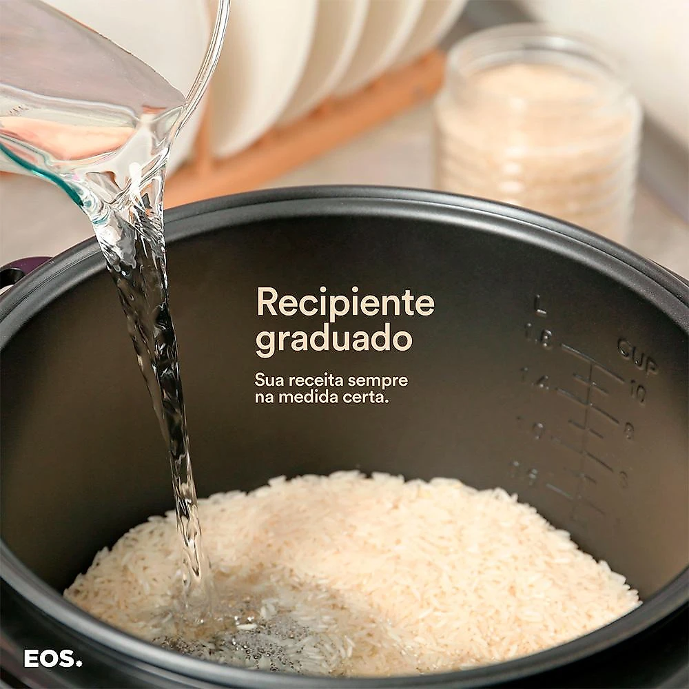 Panela Elétrica de Arroz EOS 5 Xícaras Inox All Black com Tampa de Vidro Clear Glass EPA05PP 110V