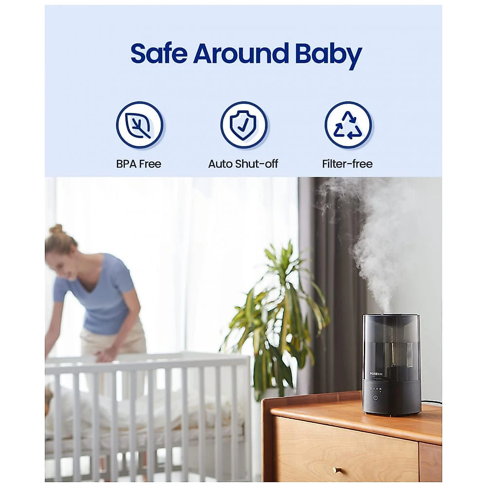 Umidificador Ultrassônico para Quarto 2L com bico 360 e Desligamento Automático, Rosekm, Preto