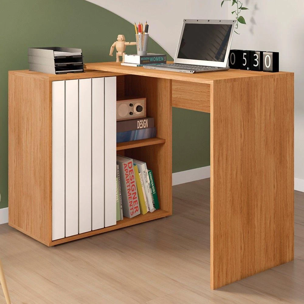 Miniatura Mesa Para Escritório Home Office 1 Porta Ripada Tech Freijó Off White Caemmun