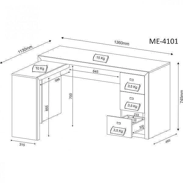 Mesa para Escritório em L com 3 Gaveta Me4101 Tecno Mobili