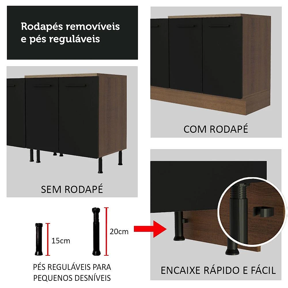 Armário de Cozinha Completa 310cm Rustic/Preto Agata Madesa 02 Rustic/Preto