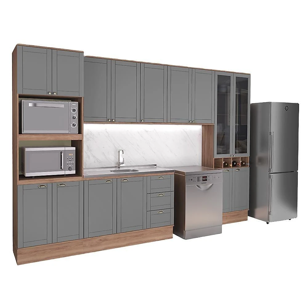 Cozinha Completa Milla Plano 15 Portas 3 Gavetas MDF MDP 380CM Nogal com Cinza Titânio Móveis webcontinental-7893455168912