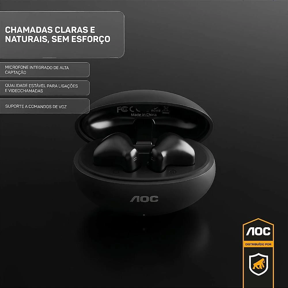Fone de Ouvido Bluetooth 6.0 Earbuds TWS Sem Fio com Estojo Carregador, Preto AOC