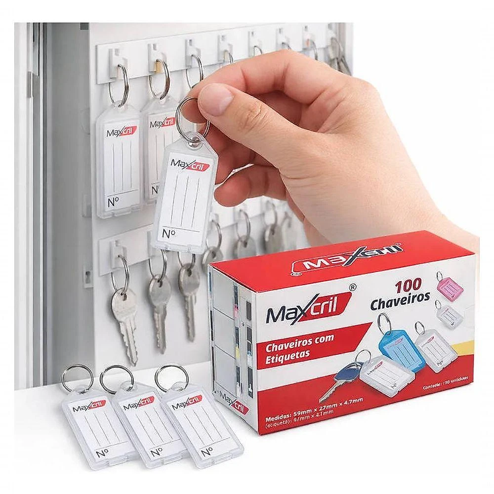 Chaveiro Kit 100 Etiqueta Identificação Plástico Metal Papel para Chaves Branco Maxcril