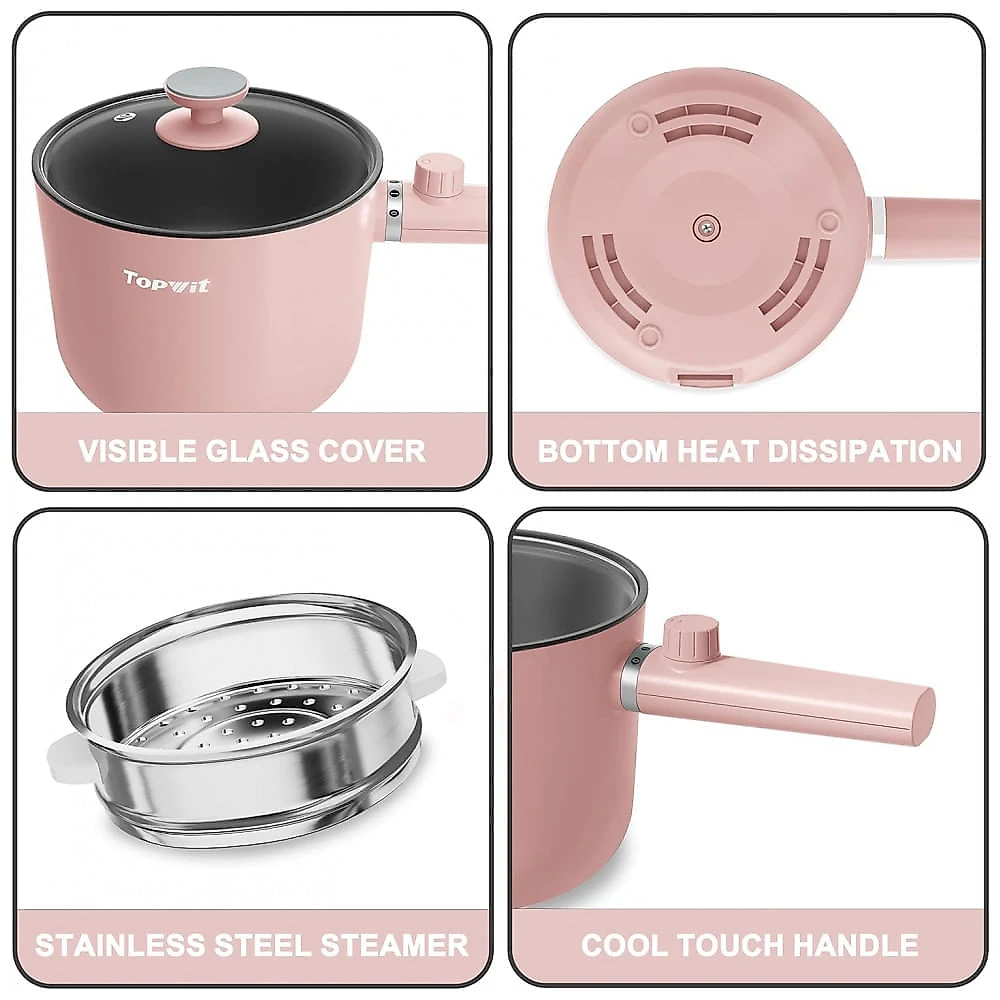 TopWit Panela Elétrica com Vaporizador 1,5L Rosa - Antiaderente e Controle Duplo de Potência