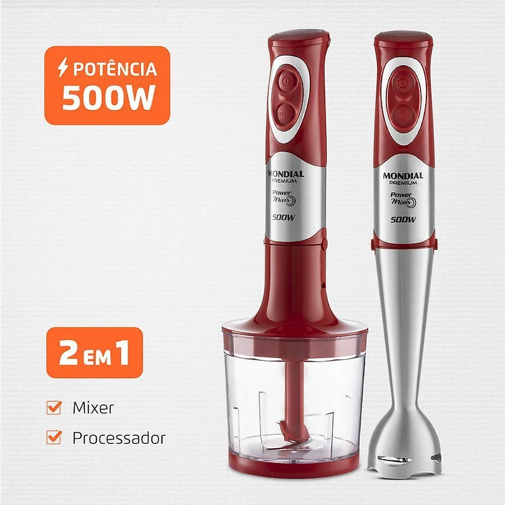 Mixer com Processador Power Premium M-10 500W 2 Velocidades Vermelho, Inox 220V