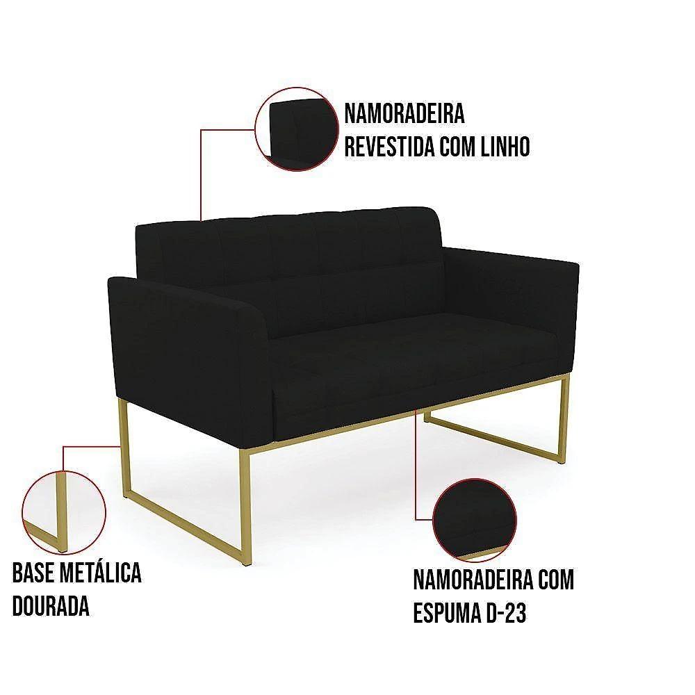 Kit 1 Sofá Namoradeira E 2 Poltronas Elisa Linho Base Metálica Industrial Dourada Cor A79 Preto