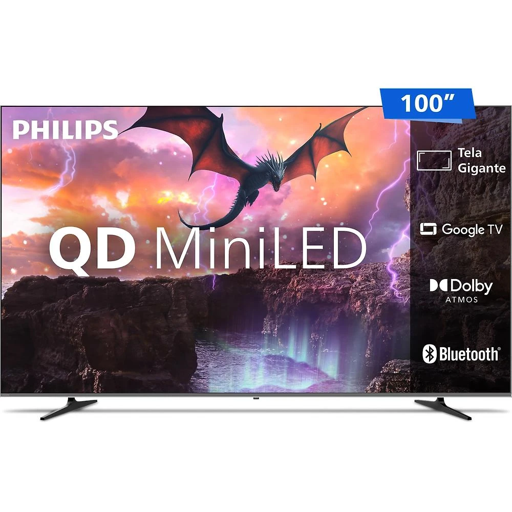 Smart tv 100” 4k philips 100mled801 qd miniled google tv 120hz dolby vision atmos