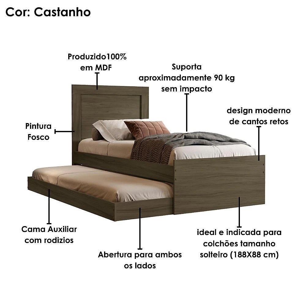 Bicama Solteiro Luara com Cama Auxiliar MDF Castanho Milani Movelaria