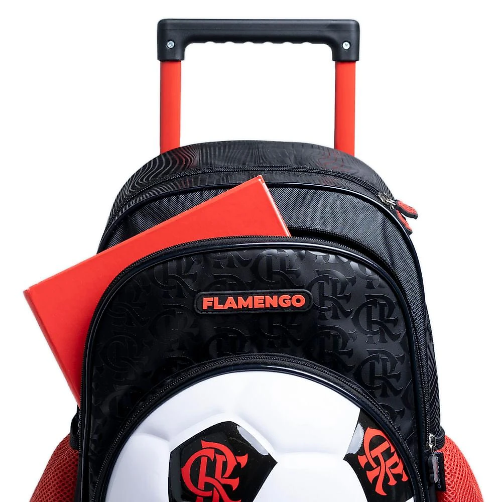 Mochila de Rodinha Infantil Masculina Flamengo Oficial Bola de Futebol Preto-vermelho