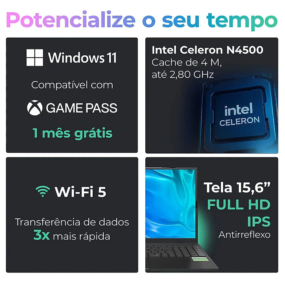 Notebook Positivo Vision C15M Intel Celeron N4500 Windows 11 Home 4GB RAM 128GB eMMC Tela 15  Full HD IPS Antirreflexo Minitela Cinza - Bivolt