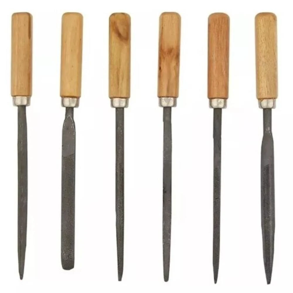 Jogo Lima Agulha Kit 6 Com Cabo Madeira Afiar Triangular Redonda