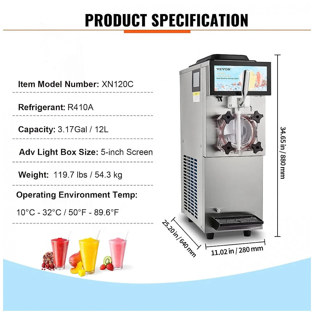 Máquina de Slush Raspadinha VEVOR XN120C 12L Tanque Único Comercial Inox 240V