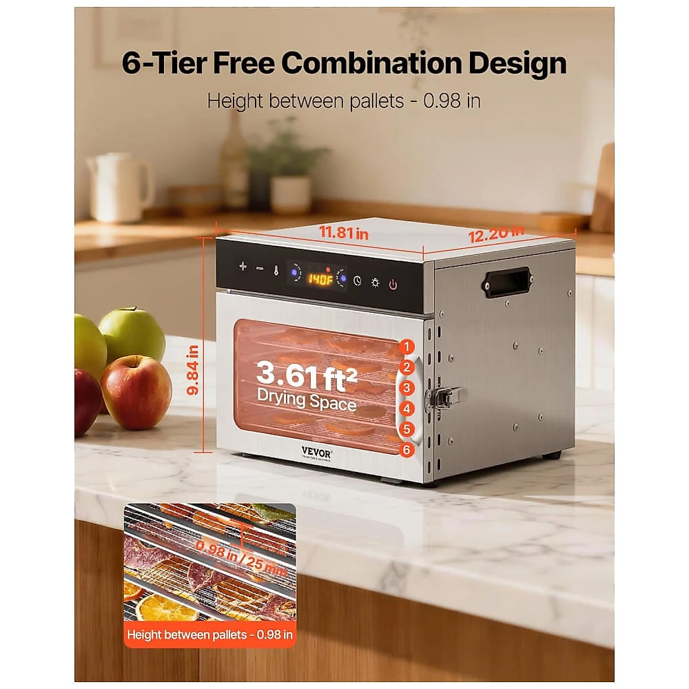 Desidratador de Alimentos VEVOR H6-C001 Prata 6 Bandejas Aço Inox 400W Timer 24h 240V