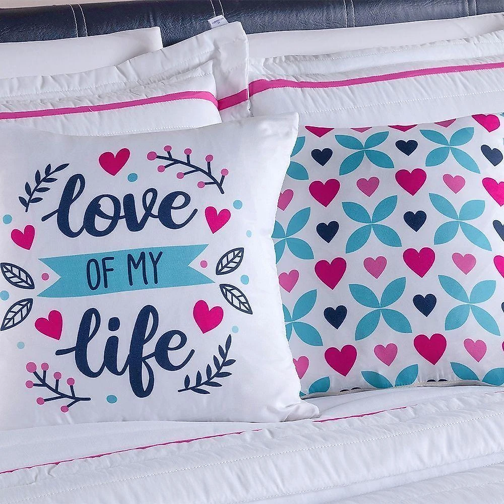 Kit Cobre Leito 5 Peças Queen Inove Percal 200 Fios 100% Poliéster - Love Branco/pink