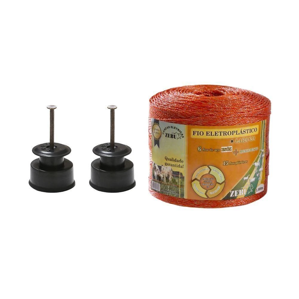 Kit Fio Eletroplástico EP1000 1000m 2mm Cerca Elétrica 200 Roldanas Laranja Zebu