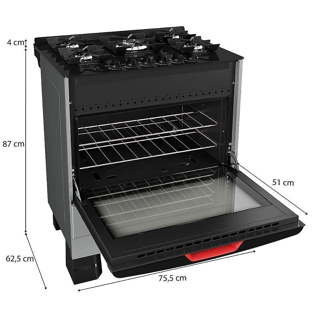Fogão Mueller 5 Bocas Titânio Com Mesa De Vidro E Tripla Chama MFV5BF Bivolt