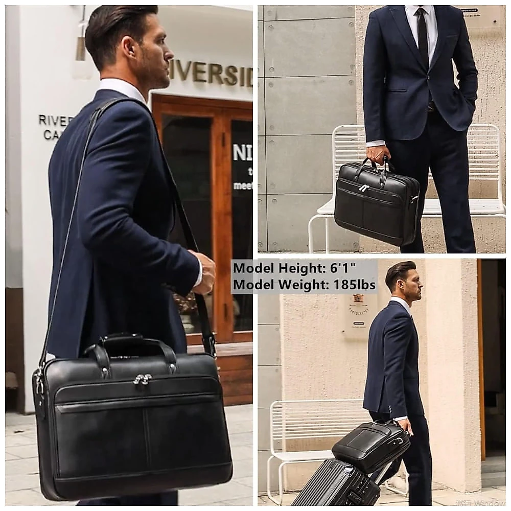 Bolsa Carteiro Masculina de Couro Grão Integral para Laptop com 17 Polegadas, Masa Kawa, Preta 110v