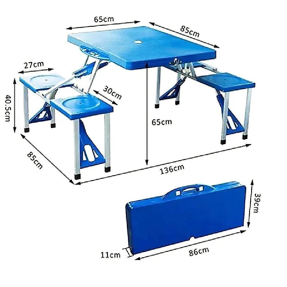 Mesa Dobrável para Camping Tipo Maleta com 4 Banquetas Azul Yeet para Praia e Estudo