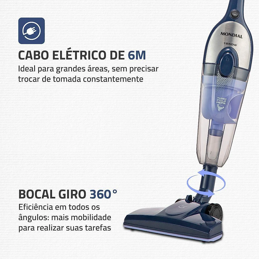Aspirador De Pó Vertical Mondial Turbo Cycle HEPA AP-41-BLI 1550W Azul Escuro Com Inox 220V