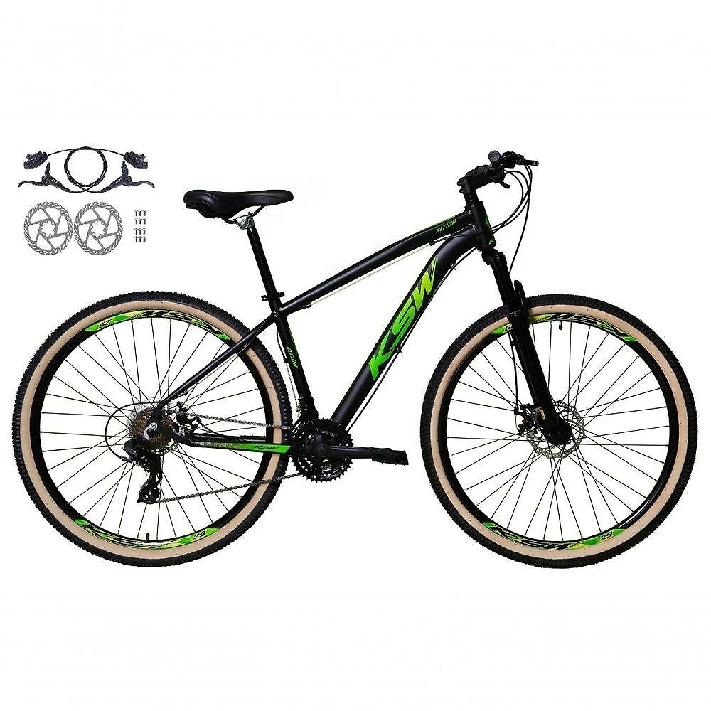 Bicicleta Aro 29 Ksw Xlt 24v Freios Disco Hidráulicos Garfo Suspensão Pneu Faixa - Preto/verde Tam.21