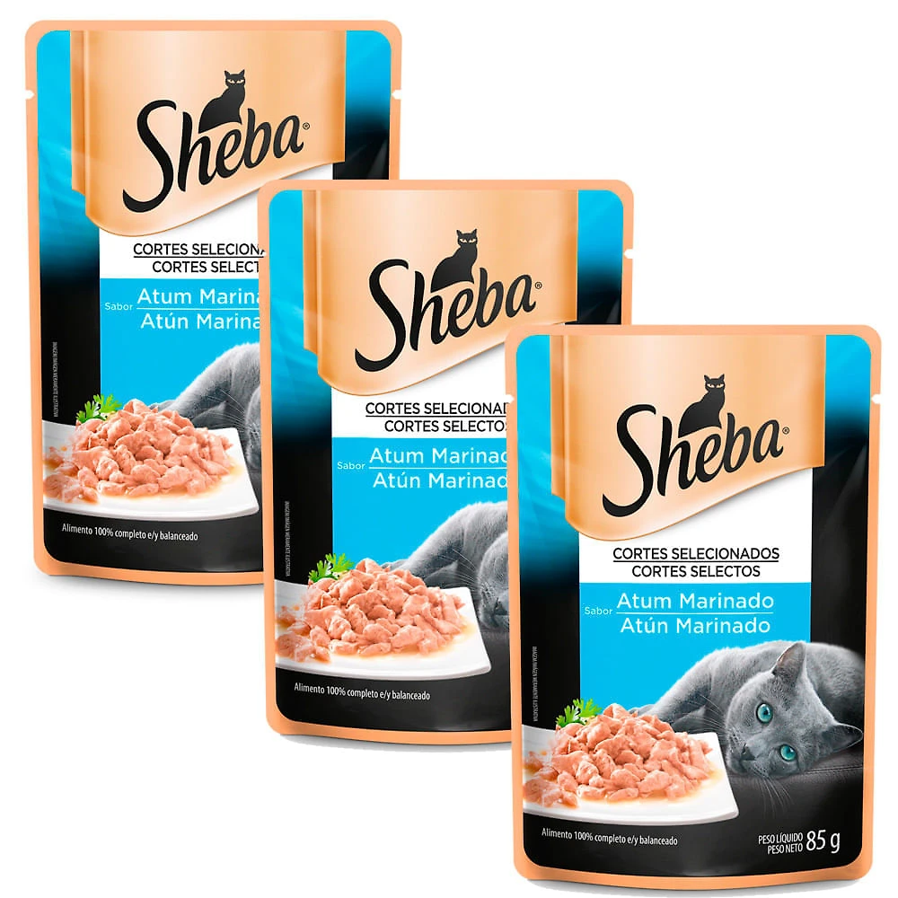 Kit 3 Ração Úmida para Gatos Sheba Adulto Sabor Atum Marinado em Sachê 85g