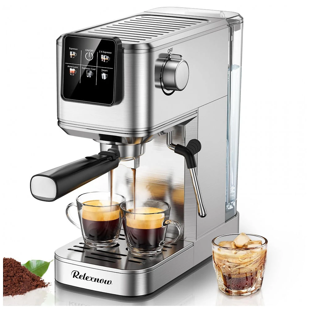 Cafeteira Espresso RELEXNOW Inox 20 Bar LCD 1,2L Vaporizador de Leite Café Quente e Gelado 110V