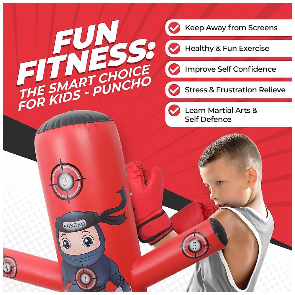 YGA Sports PUNCHO - Bolsa de Pancada Inflável para Crianças com Luvas, Bomba e eBook - 160 cm