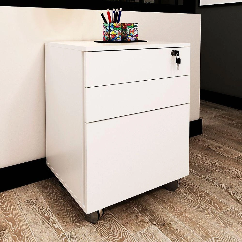 Gaveteiro Para Escritório 3 Gavetas Com Chave E Rodízios Branco