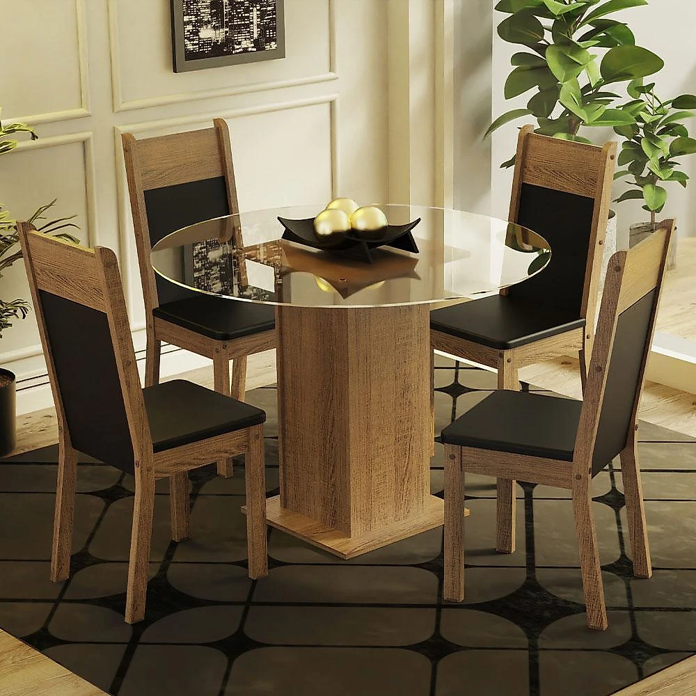 Conjunto sala de jantar madesa beta mesa tampo de vidro redondo 4 cadeiras - rustic/preto