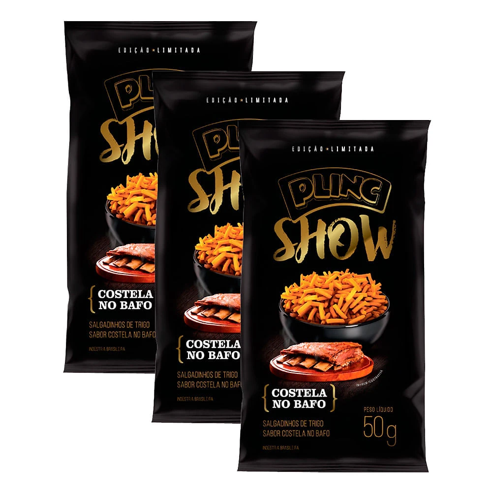 Salgadinho Aperitivo Plinc Show Sabor Costela 50g | Kit com três unidades