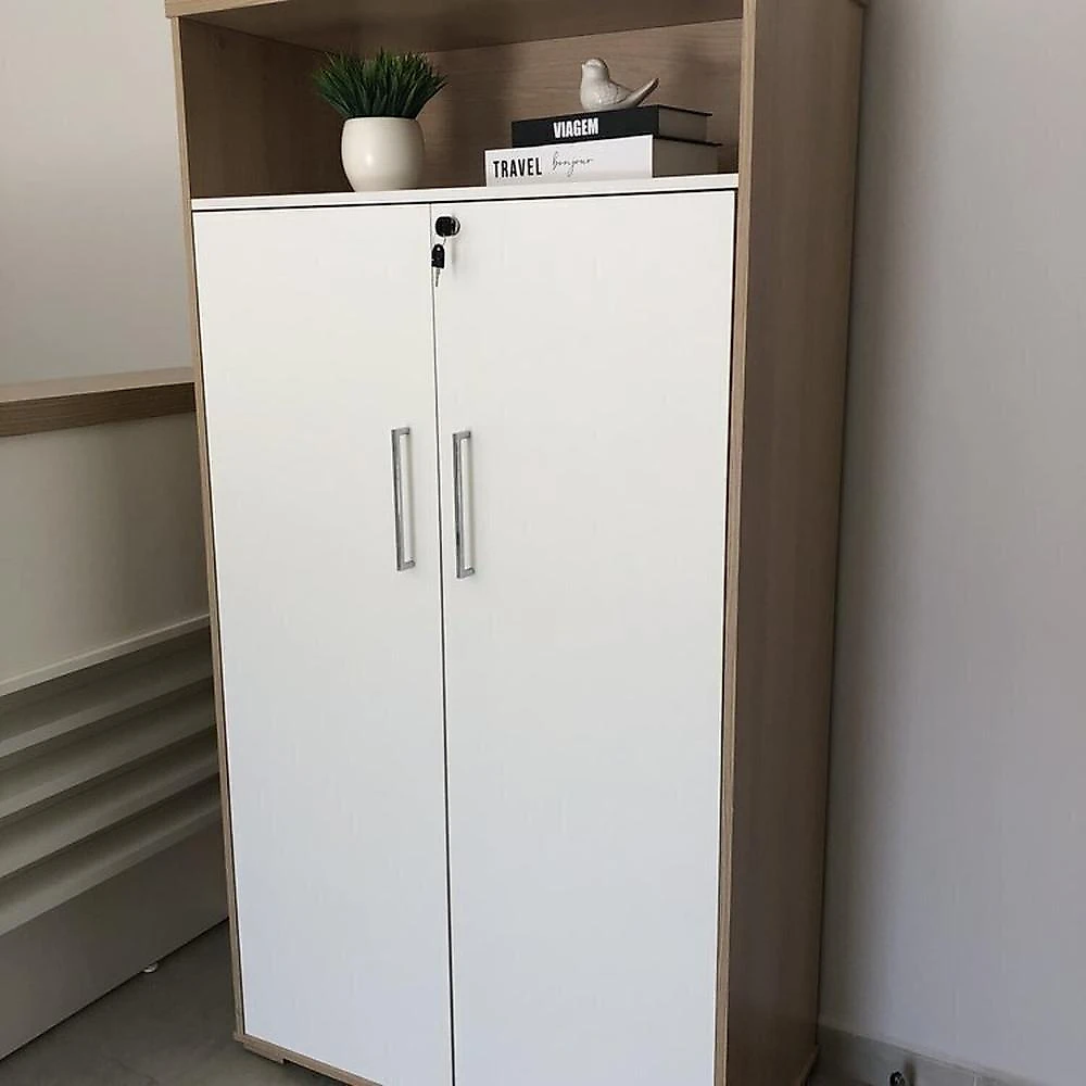 Kit 2 Peças com Mesa para Escritório Presidente em Tamburato e Armário Multiuso Alto Conjunto Para Escritório Executivo Mesa Tamburato Presidente E Armário Tamburato Com Nicho Carvalho/Branco